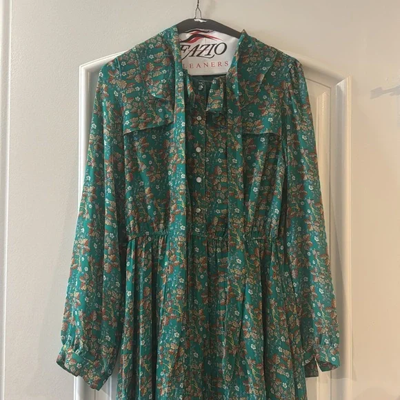 Haokeke Green Floral Long Sleeve Chiffon Pleated Midi Dress - M - Picture 9 of 16